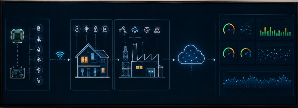 Panel IoT que conecta laboratorio, hogar, industria, nube y analítica