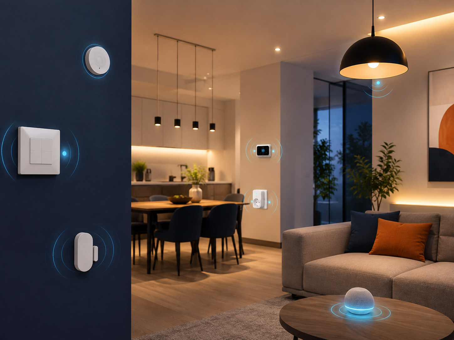 Sala contemporánea con dispositivos de hogar inteligente